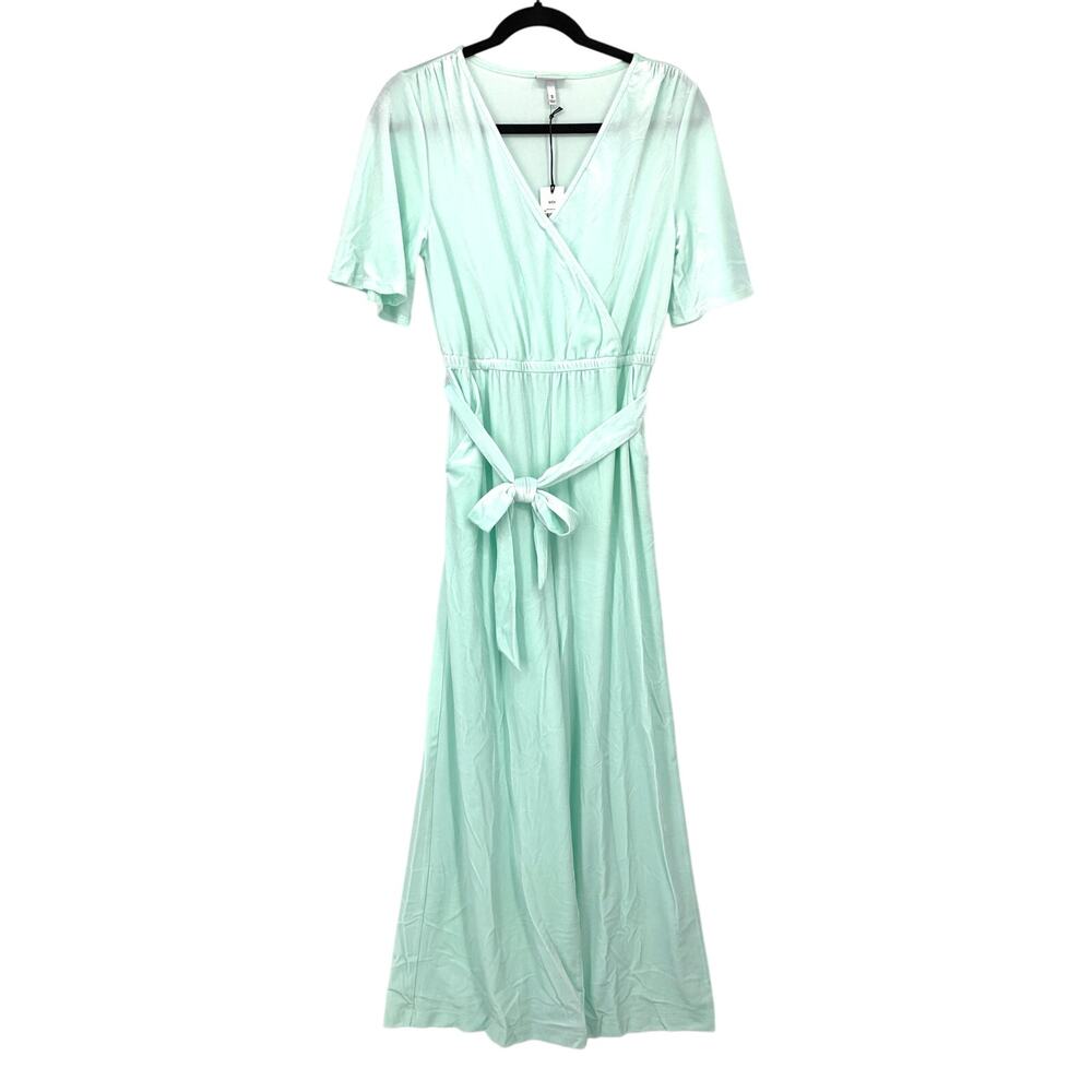 The Get Flare Leg Belted Short Sleeve Surplice Jumpsuit Mint Green Velvet Sz S